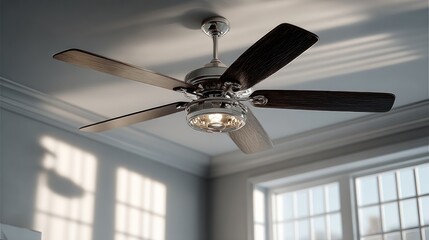 Elegant Chrome Ceiling Fan with Dark Wood Blades in a Bright Room