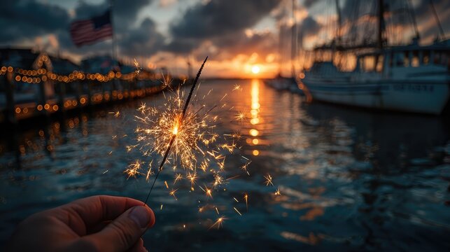 Sparkler Sunset Coastal Celebration with American Flag and Boats.