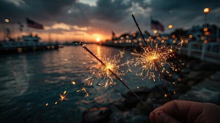 Sparklers glow at harbor sunset celebration American flag waving.