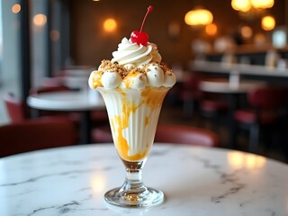 Ice Cream Sundae with Whipped Cream, Cherry, Caramel Sauce, and Crumbled Topping in Glass Dish on Marble Table, Warm Diner Lighting, Classic Dessert in Blurred Restaurant Background
