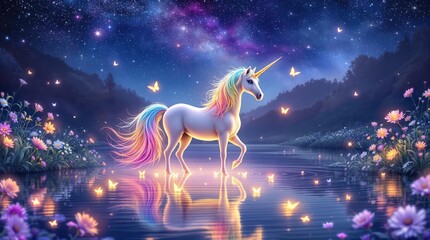 Unicorn standing in water, illuminated by butterflies under a starry night sky
