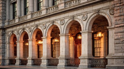 Ornate stone facade with arches and lamps