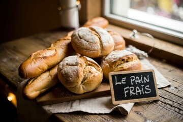 A photograph of a rustic wooden table showcasing a selection of freshly baked goods