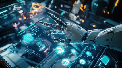 Futuristic robotic hand interacting with advanced holographic interface