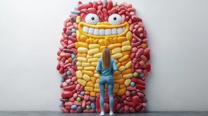 Fototapeta premium 3D rendring Giant Candy Monster: Creative Visual Art Featuring Colorful Sweets and a Person AI Generative