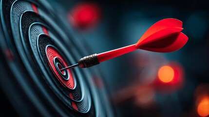 Business Success Goal Target Red Dart Hitting Bullseye on Dartboard with Blurred Background