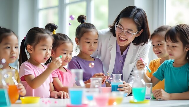 students in classroom and a female teacher  - Powered by Adobe