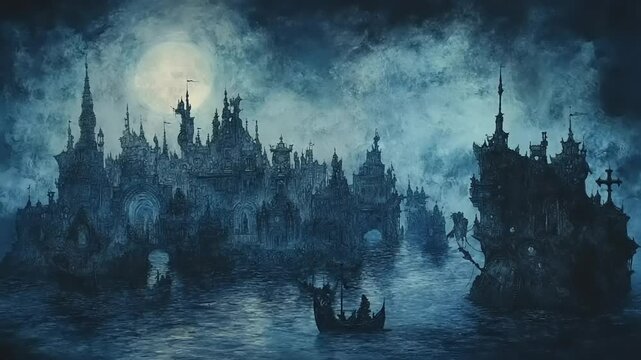 Nocturnal Voyage to an Ethereal City: A Mystical Seascape Exploration