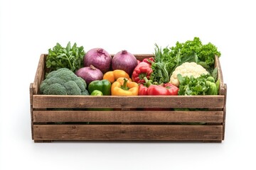 Vegetables in a Traditional Wooden Crate Isolated on White Background, Depth of Field
