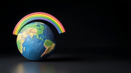 Fototapeta premium Colorful Rainbow Arcing Over a Detailed Earth Globe Model on Black BackgroundHope and Global Unity Concept