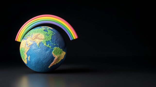 Colorful Rainbow Arcing Over a Detailed Earth Globe Model on Black BackgroundHope and Global Unity Concept