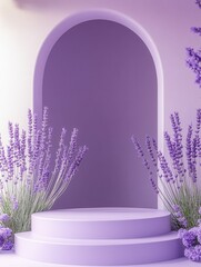premium quality visual of podium platform for product demonstration on a minimalist purple background with lavender decorations high detail 8k