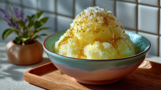 Lemon shaved ice dessert with syrup dripping on top served in ceramic bowl on wooden tray with plant