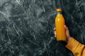 Sharp Image of Hand Holding a Bottle of Orange Juice on Black Marble Stone Background