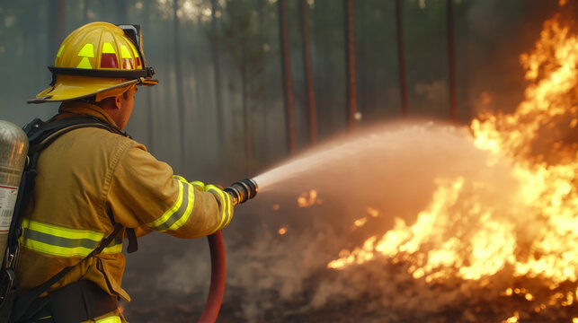 Firefighter forest fire hose protective gear emergency danger brave smoke outdoor rescue
