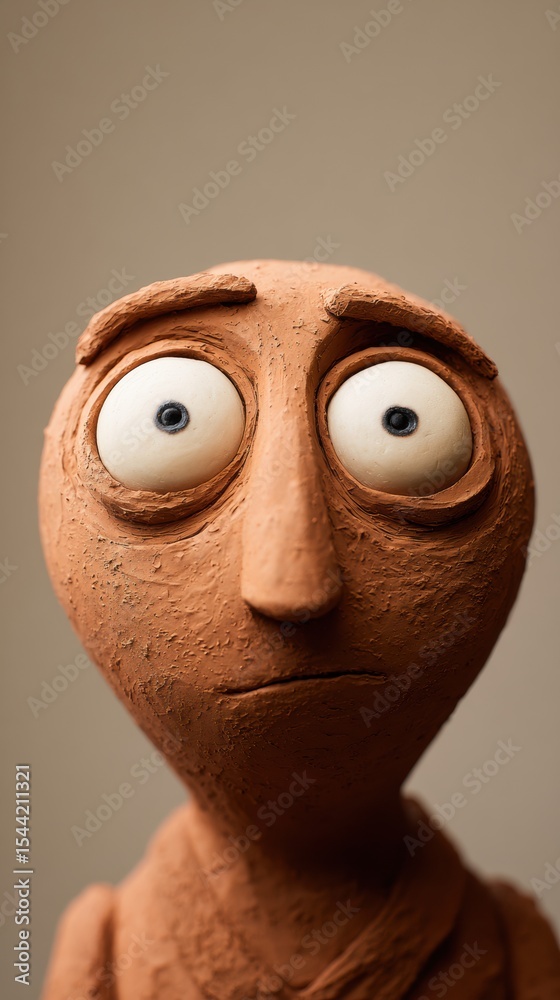 Poster clay character with wide eyes expressing emotions against a minimal background, showcasing artistry 