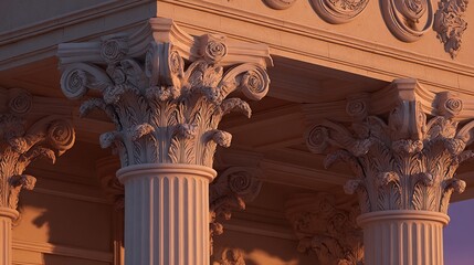 Close-up of ornate classical columns with detailed capitals and intricate carvings, bathed in warm sunset light