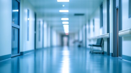 Blurred perspective of a long, empty hospital corridor with shiny blue floors and bright lighting, symbolizing a modern medical facility