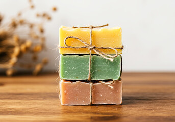 Stack of Handmade Soaps with Jute Ties on Wooden Table