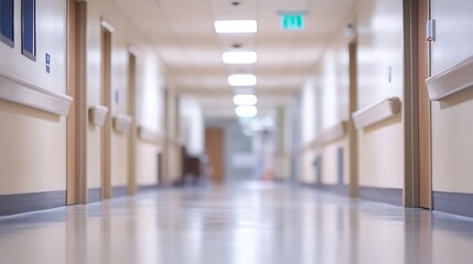 Blurred perspective of a long, empty hospital corridor with shiny blue floors and bright lighting, symbolizing a modern medical facility