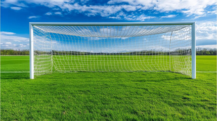 Goalpost under blue sky, green grass, outdoor field, low angle, dynamic, sunny day