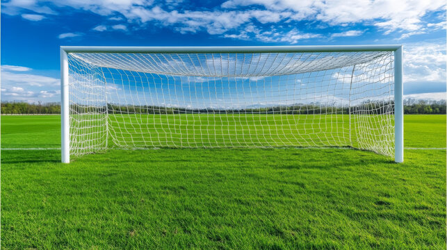 Goalpost under blue sky, green grass, outdoor field, low angle, dynamic, sunny day