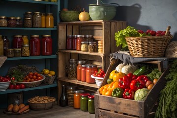 Rustic Pantry Filled with Homegrown Vegetables and Preserved Jars of Food