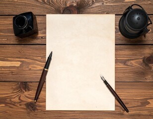 Vintage Writing Setup Blank Paper, Inkwell, and Dip Pens on Wooden Desk