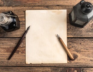 Vintage Paper, Inkwell, and Quill Pens on Wooden Table Antique Writing Setup