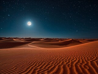 Naklejka premium Moonlit Red Dunes beneath Star-Filled Sky in Quiet Desert Night