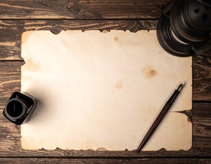 Vintage Paper, Inkwell, and Quill Pen on Rustic Wooden Table