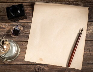 Vintage Writing Setup Blank Paper, Inkwell, and Quill Pen on Aged Wooden Desk