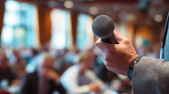 Confident business speaker presenting at professional conference holding microphone, corporate meeting or seminar with engaged audience, leadership and public speaking concept.
