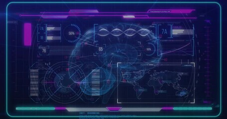 3D brain model initiating scan, displaying rising gauge, pulsing DNA helix and updating data panels - Powered by Adobe
