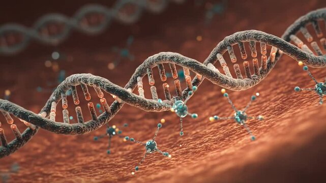 Close-up of DNA strands with molecular activity occurring - Powered by Adobe