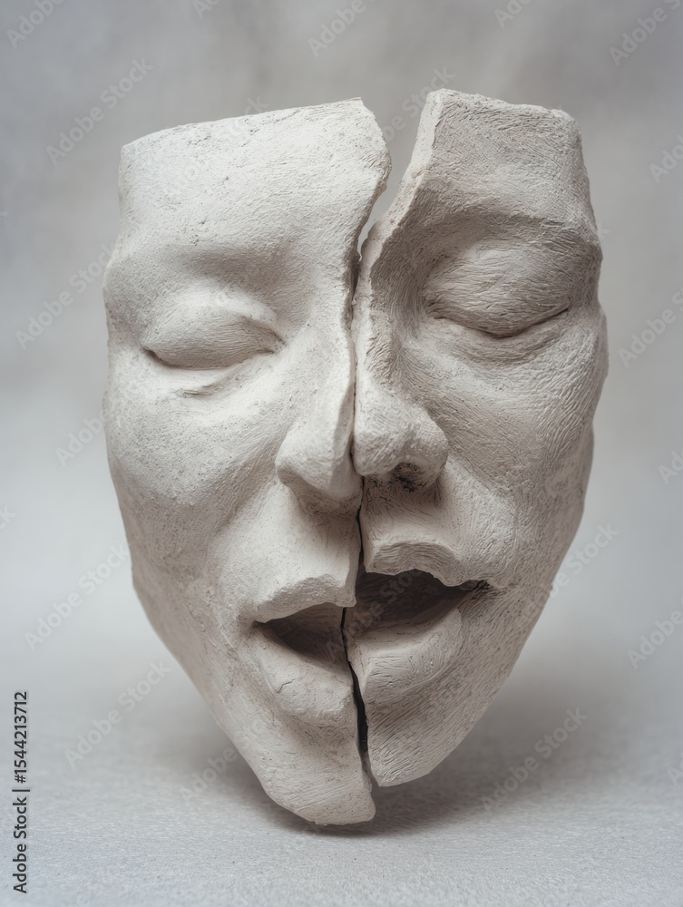 Poster dual expressions blended on a clay face sculpture highlighting emotions and artistry from an abstrac