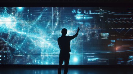 Data Analyst Examining Complex Data on a Large Screen Display