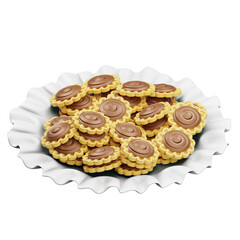 3D illustration of traditional butter cookies with chocolate topping, neatly arranged on a white ruffled plate, perfect for festive celebrations.
