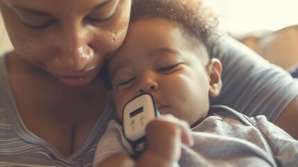 Concerned mother checking child's temperature with digital thermometer, parenting and family healthcare concept, caring for sick child at home.
