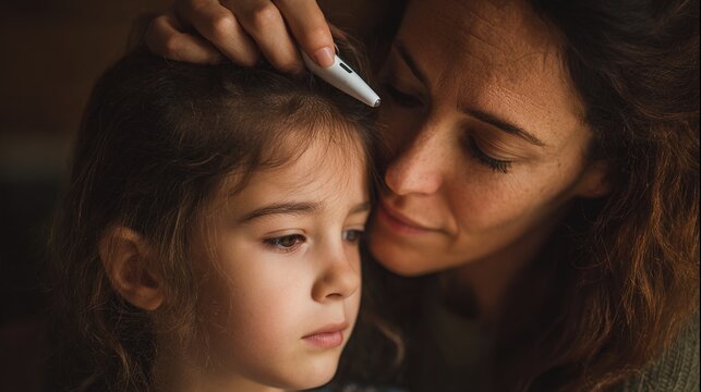 Concerned mother checking child's temperature with digital thermometer, parenting and family healthcare concept, caring for sick child at home.
 - Powered by Adobe
