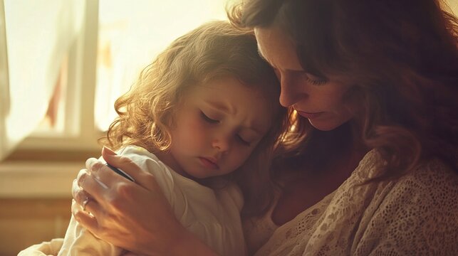 Concerned mother checking child's temperature with digital thermometer, parenting and family healthcare concept, caring for sick child at home.
