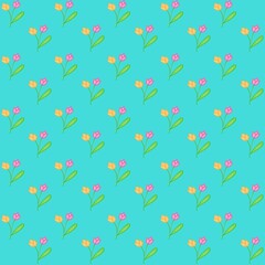 Seamless Cute Tulip Pattern on  Blue Background