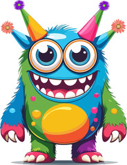 Fototapeta premium Funny green cartoon monster character with big teeth and a happy face