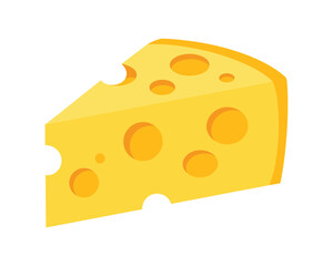 A simple, flat illustration of a wedge of Swiss cheese with holes