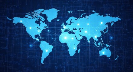 World map illustration in blue with glowing points