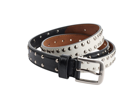 Stylish Black and White Leather Belt with Metal Studs.