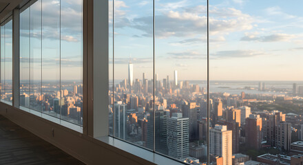 High-rise building view from glass office window with city skyline during golden hour in cinematic animation.