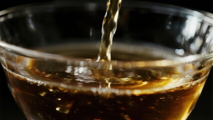 Pouring golden liquid into a clear glass, creating bubbles and movement, showcasing a refreshing and visually appealing beverage with a dark background space.