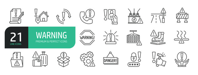 Set of Line Icons Related to Warning, Alert, Risk Sign, Caution, Exclamation Mark,  Alert Information, Accident Notification.