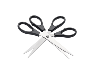 Sharp Stainless Steel Scissors with Black Plastic Handles Crossed in an XShape.